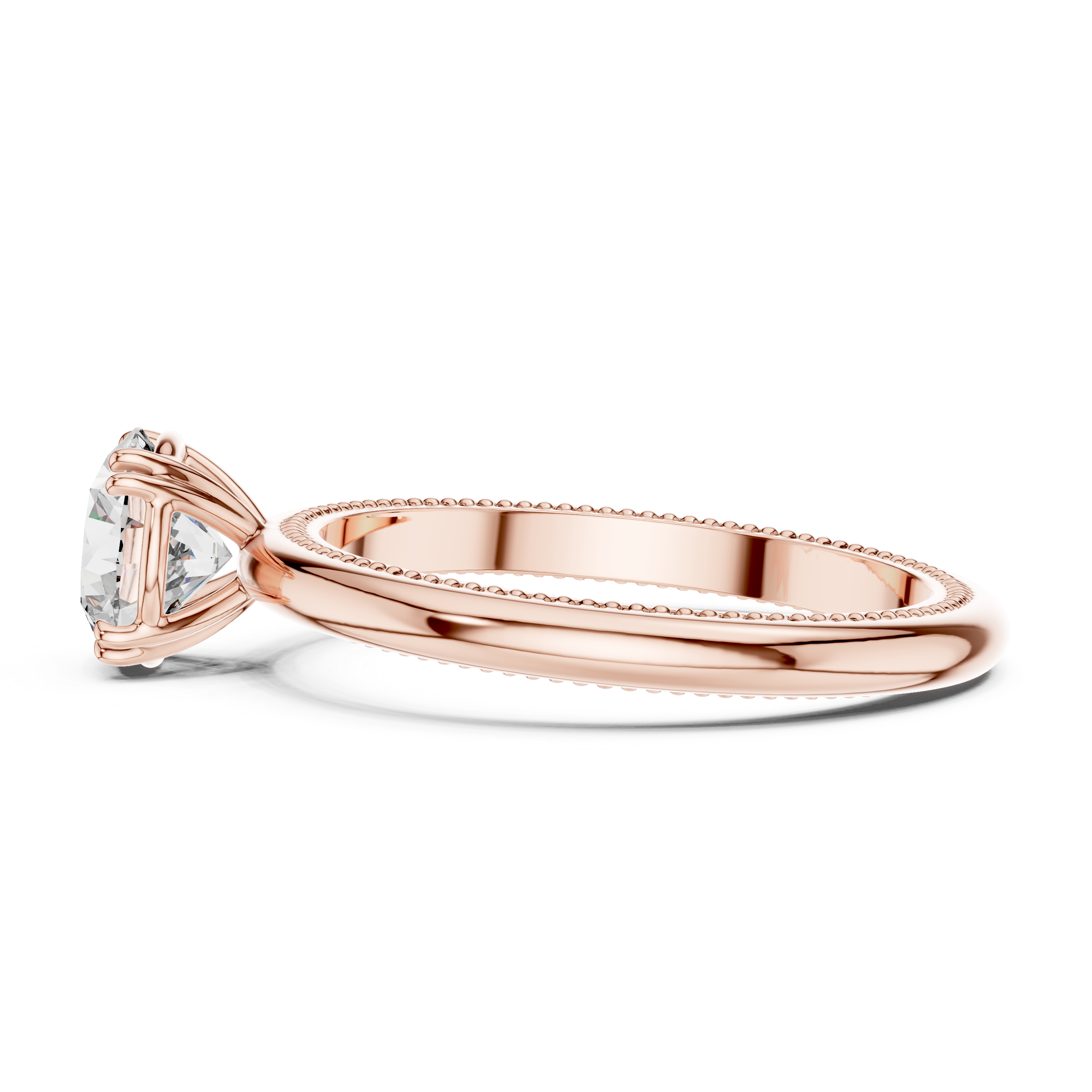 Rose gold ring with a diamond on a white background